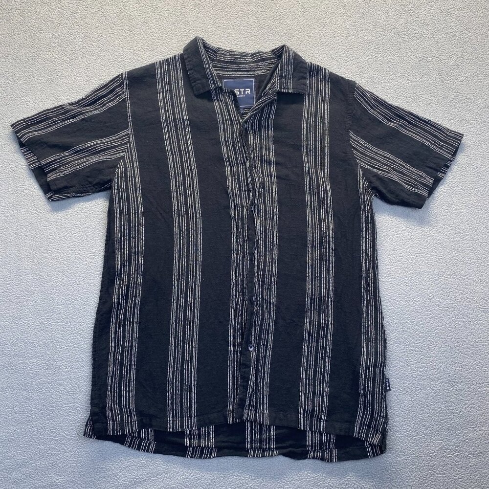 VSTR Button Front Shirt Men's Size‎ M Black Stripe 100% Cotton Preppy